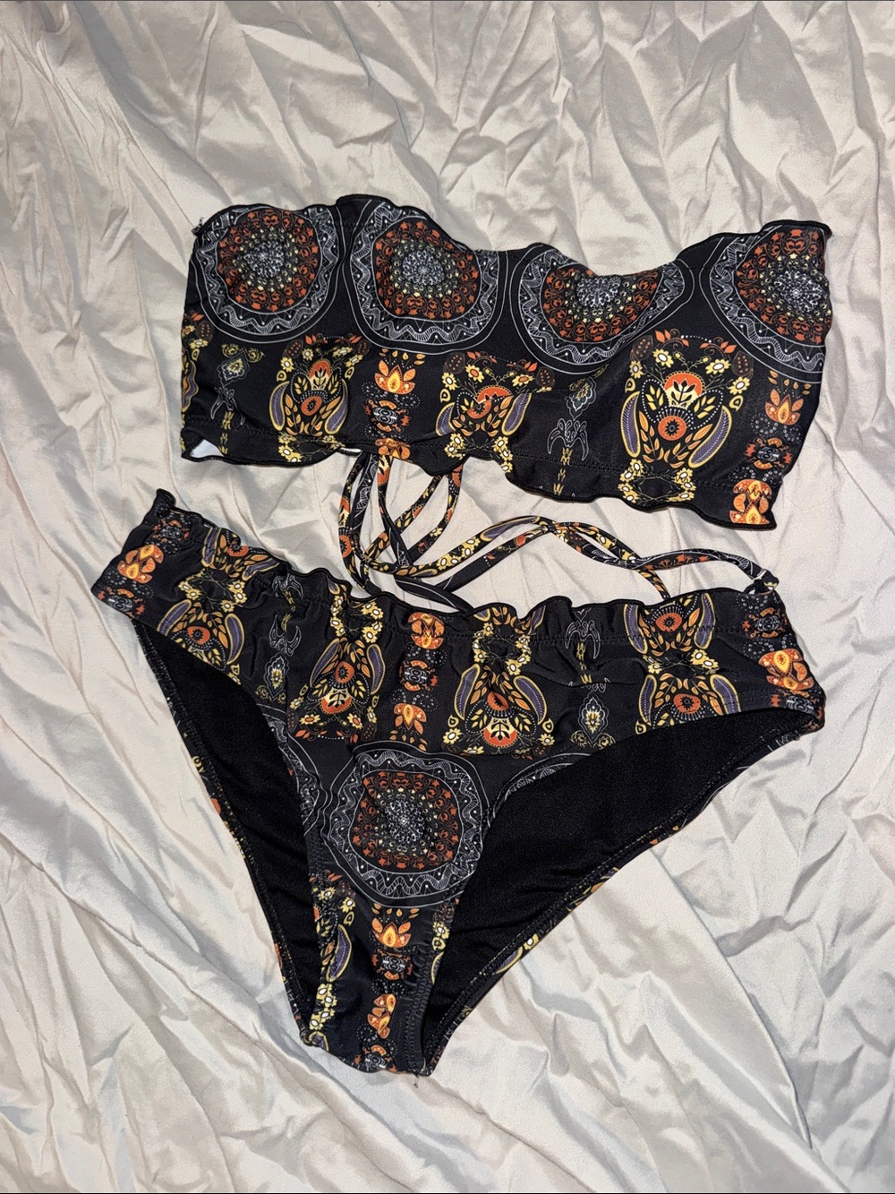 Black Boho Floral Bandeau Bikini Set - Orange & Yellow Accents
